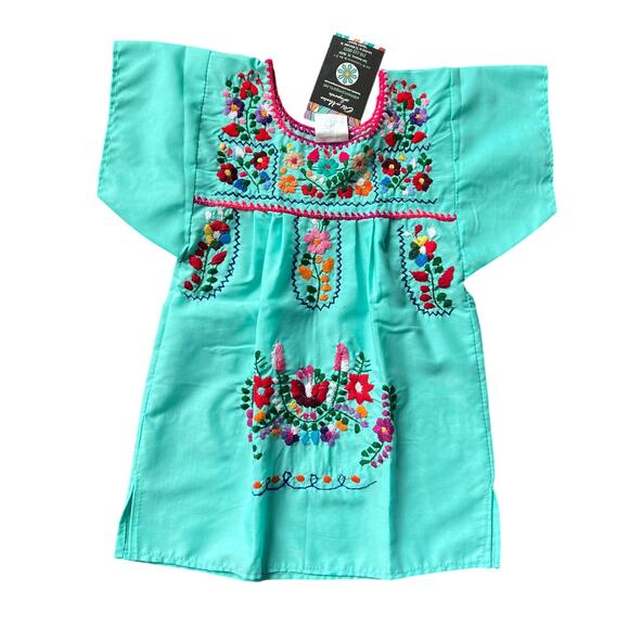 Old Mexico Imports Other - NWT Girls 1y Teal Floral Embroidered Mexican Peasant Dress Short Sleeve 12m